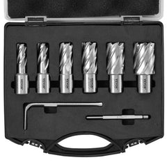 Six-piece Bostome annular cutter set with M2AL HSS Weldon shank drill bits in a portable case.