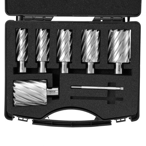 Bostome Annular Cutter Set with 6 M2AL HSS bits and Weldon Shank in a portable case.