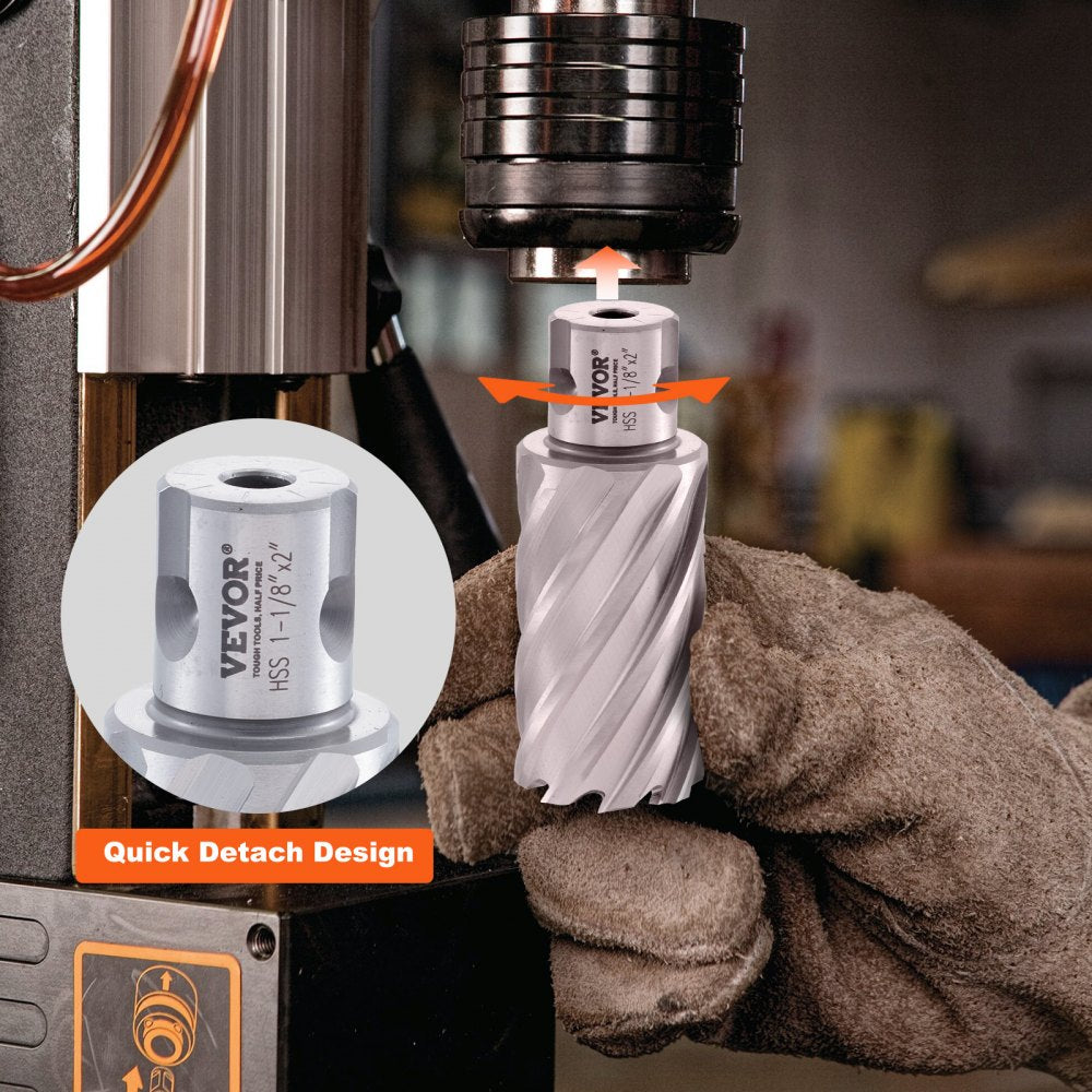 Bostome Annular Cutter Set with six M2AL HSS Mag Drill bits, 1" to 2" diameters.