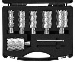 Bostome Annular Cutter Set with six M2AL HSS drill bits, 1" to 2" diameter sizes.