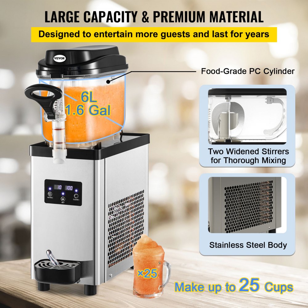 Commercial Slushy Machine, 6L/1.6 Gallons 25 Cups Single-Bowl, 300W 110V, Stainless Steel Margarita Smoothie Frozen Drink Maker, Slushie Machine for Supermarkets Cafes Restaurants Bars Home Use