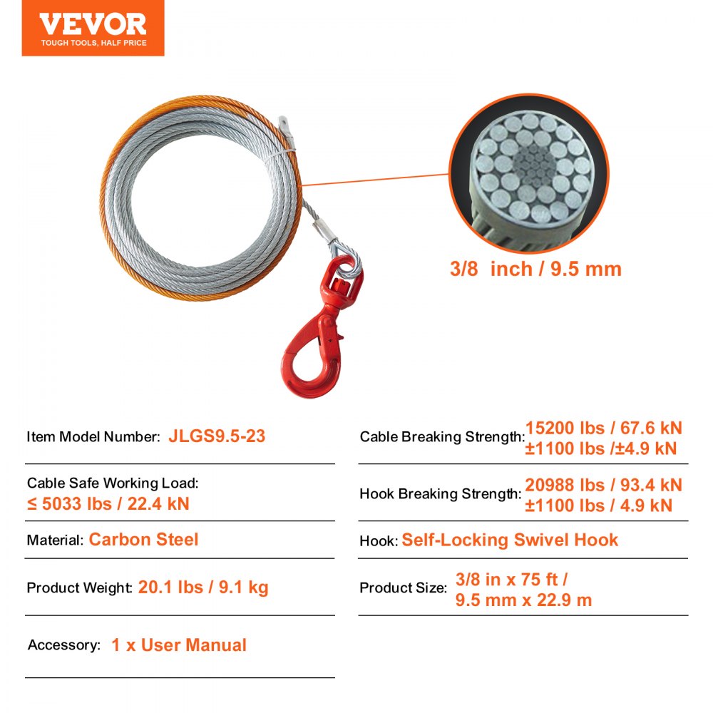 Galvanized Steel Winch Cable, 3/8 Inch x 75 Feet 15,200 lbs Breaking Strength, Wire Winch Rope with Swivel Hook, Towing Cable Heavy Duty, Universal Fit for SUV, Large Off-Road Vehicle, Truck