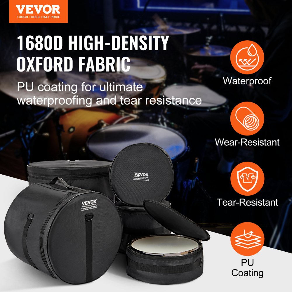 5-Piece Drum Bag Set, 1680D Oxford Fabric, Padded Drum Bags and Cases with 4.92 ft Detachable Shoulder Strap Carry Handles Foldable Design, for 22`` Kick 12`` Tom 13`` Tom 16`` Tom 14`` Snare
