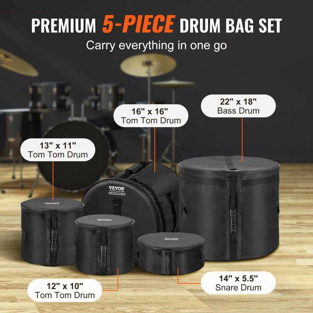 5-Piece Drum Bag Set, 1680D Oxford Fabric, Padded Drum Bags and Cases with 4.92 ft Detachable Shoulder Strap Carry Handles Foldable Design, for 22`` Kick 12`` Tom 13`` Tom 16`` Tom 14`` Snare