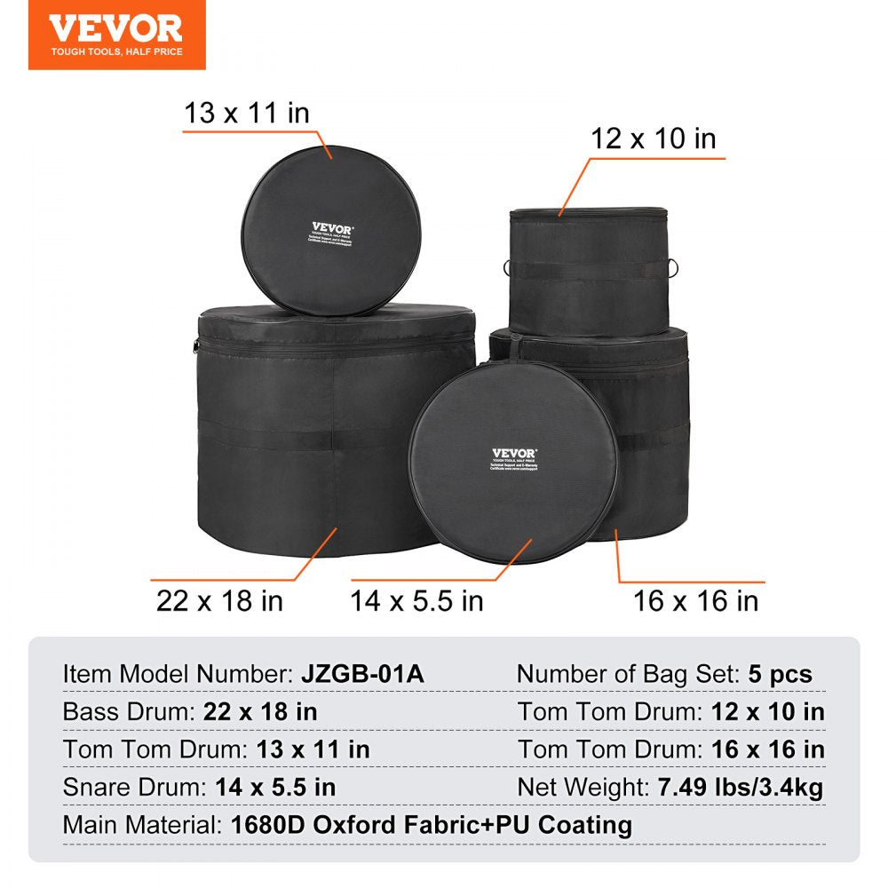 5-Piece Drum Bag Set, 1680D Oxford Fabric, Padded Drum Bags and Cases with 4.92 ft Detachable Shoulder Strap Carry Handles Foldable Design, for 22`` Kick 12`` Tom 13`` Tom 16`` Tom 14`` Snare