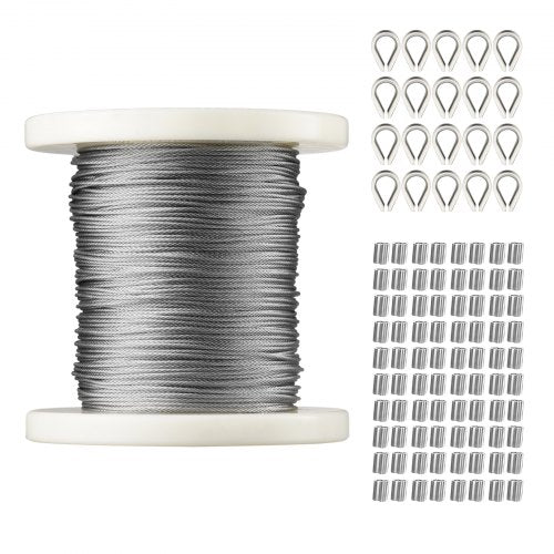 1/16 Wire Rope Kit, 304 Stainless Steel Cable with 80 Sleeves and 20 Thimbles, 7x7 Strands Construction Marine Aircraft Grade for Handrail Decking Garden Fence Clothes Line