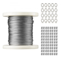 1/16 Wire Rope Kit, 304 Stainless Steel Cable with 80 Sleeves and 20 Thimbles, 7x7 Strands Construction Marine Aircraft Grade for Handrail Decking Garden Fence Clothes Line