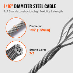 1/16 Wire Rope Kit, 304 Stainless Steel Cable with 80 Sleeves and 20 Thimbles, 7x7 Strands Construction Marine Aircraft Grade for Handrail Decking Garden Fence Clothes Line
