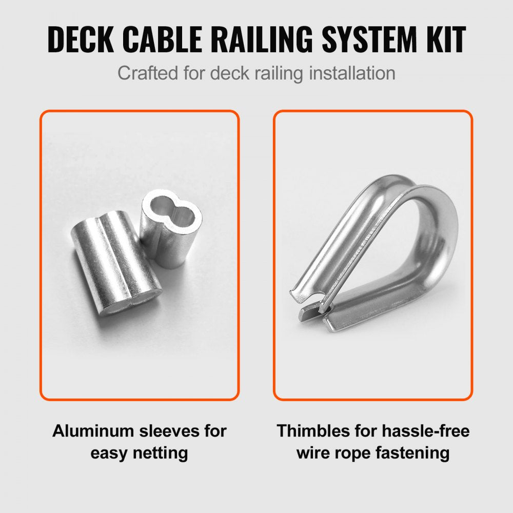 1/16 Wire Rope Kit, 304 Stainless Steel Cable with 80 Sleeves and 20 Thimbles, 7x7 Strands Construction Marine Aircraft Grade for Handrail Decking Garden Fence Clothes Line