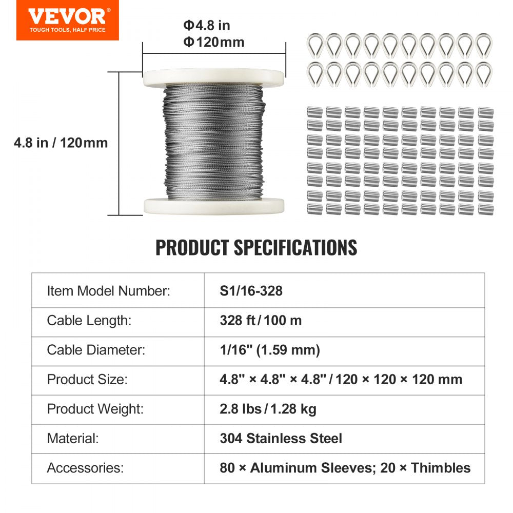 1/16 Wire Rope Kit, 304 Stainless Steel Cable with 80 Sleeves and 20 Thimbles, 7x7 Strands Construction Marine Aircraft Grade for Handrail Decking Garden Fence Clothes Line