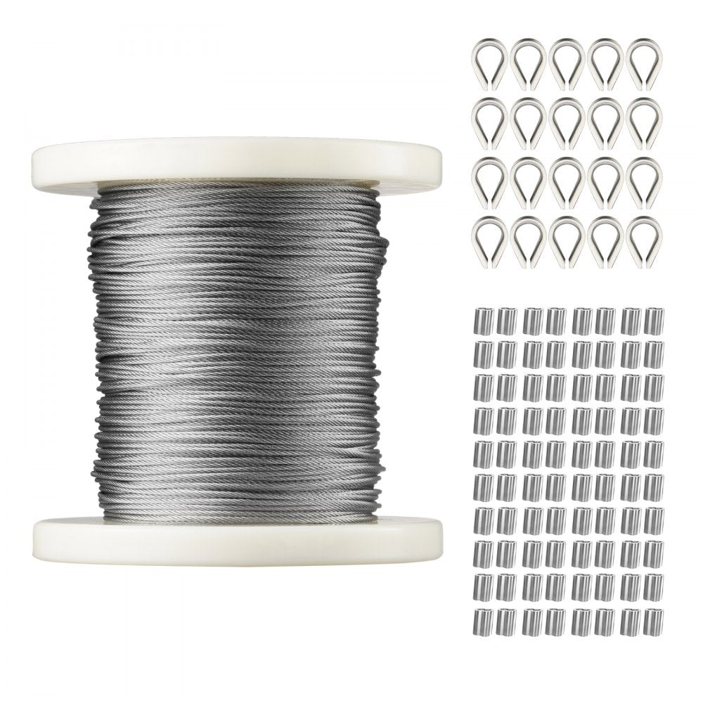 1/16 Wire Rope Kit, 304 Stainless Steel Cable with 80 Sleeves and 20 Thimbles, 7x7 Strands Construction Marine Aircraft Grade for Handrail Decking Garden Fence Clothes Line