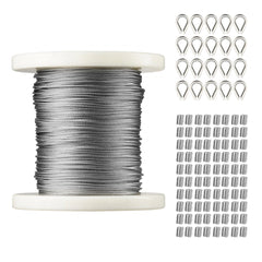1/16 Wire Rope Kit, 304 Stainless Steel Cable with 80 Sleeves and 20 Thimbles, 7x7 Strands Construction Marine Aircraft Grade for Handrail Decking Garden Fence Clothes Line