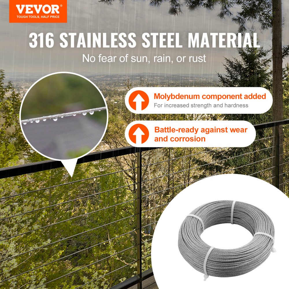 T316 Deck Railing Cable, 1/8" Stainless Steel Wire Rope 300 ft with Cutter Kit, 7x7 Strands Construction Marine Aircraft Grade for Handrail Stair Decking Fence Outdoors