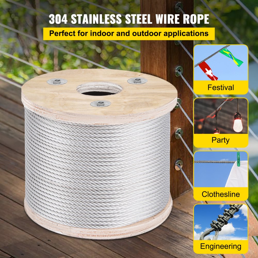 Stainless Steel Cable Railing 3/16"x 250ft, Wire Rope 304 Marine Grade, Braided Aircraft Cable 7x19 Strands Construction for Deck Rail Balusters Stair Handrail Porch Fence