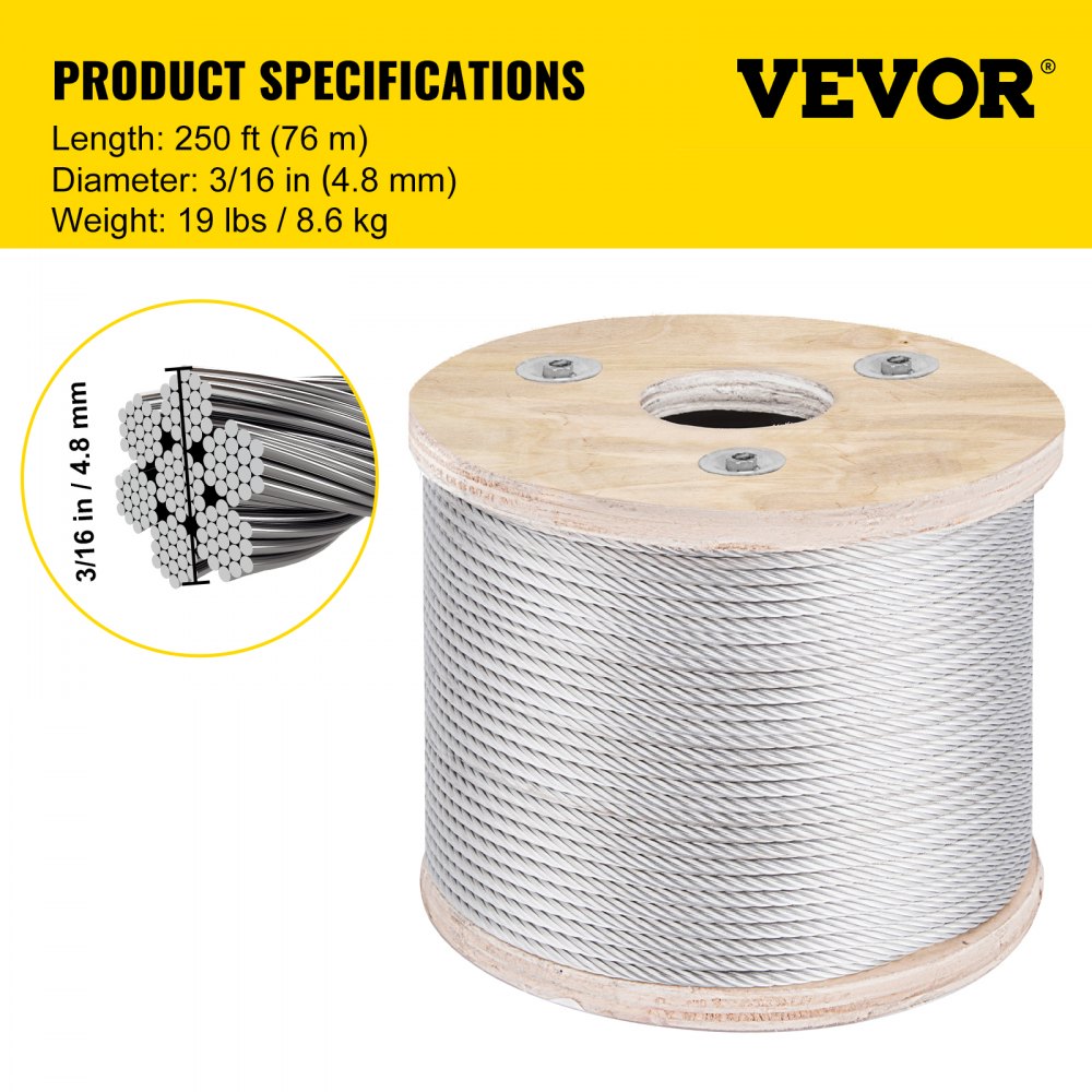 Stainless Steel Cable Railing 3/16"x 250ft, Wire Rope 304 Marine Grade, Braided Aircraft Cable 7x19 Strands Construction for Deck Rail Balusters Stair Handrail Porch Fence