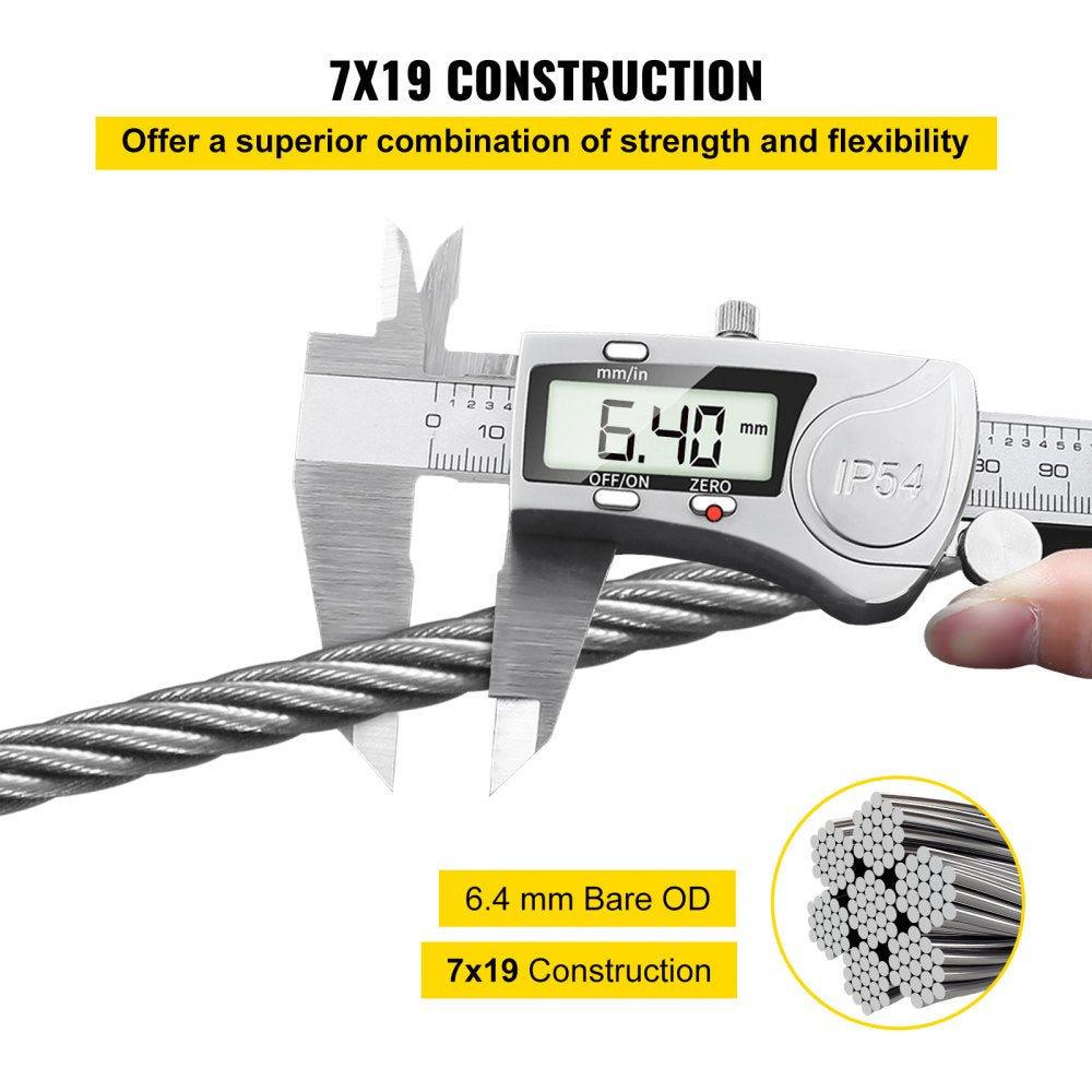 304 Stainless Steel Cable 1/4 Inch 7 X 19 Steel Wire Rope 200Feet Steel Cable for Railing Decking DIY Balustrade(1/4 Inch-200Feet)