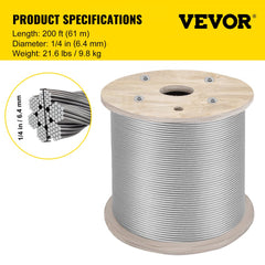 304 Stainless Steel Cable 1/4 Inch 7 X 19 Steel Wire Rope 200Feet Steel Cable for Railing Decking DIY Balustrade(1/4 Inch-200Feet)
