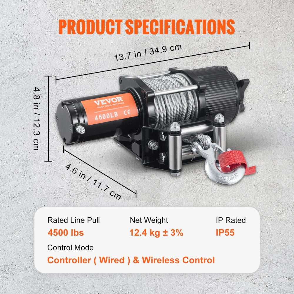 Electric Winch, 12V 4500 lb Load Capacity Steel Rope Winch, IP55 1/4” x 39ft ATV UTV Winch with Wireless Handheld Remote & 4-Way Fairlead for Towing Jeep Off-Road SUV Truck Car Trailer Boat