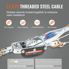 Come Along Winch, 5 Ton (11,023 lbs) Pulling Capacity, 11.5 ft Steel Cable, 3 Hooks, Heavy Duty Ratchet Power Puller Tool with Dual Gears, Automotive Hoist Cable Puller Ideal for Vehicle Rescue