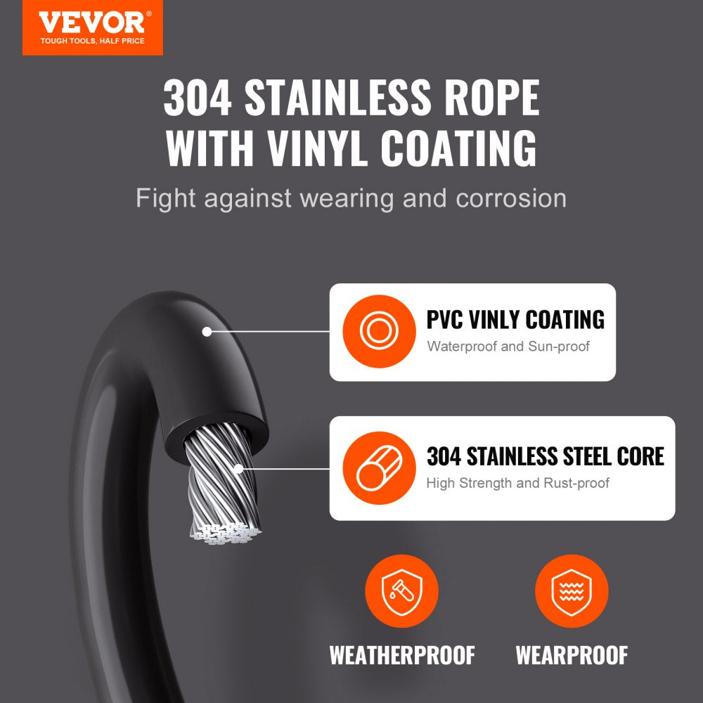 Vinyl Coated Wire Rope Kit, 3/32 Cable Through 1/16 Diameter Stainless Steel, 7x7 Strands Construction with 189 Accessories for String Lights, Clothesline, Vine, 164 ft Black