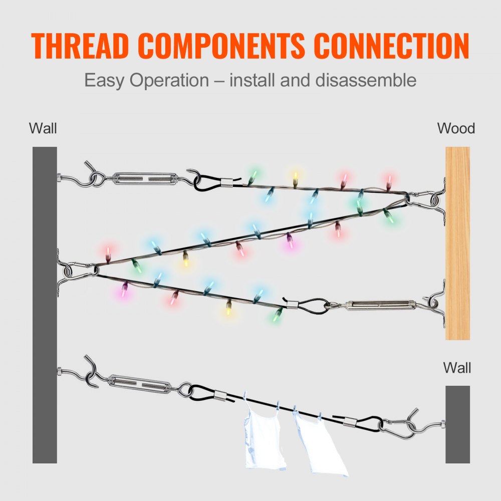 Vinyl Coated Wire Rope Kit, 3/32 Cable Through 1/16 Diameter Stainless Steel, 7x7 Strands Construction with 189 Accessories for String Lights, Clothesline, Vine, 164 ft Black