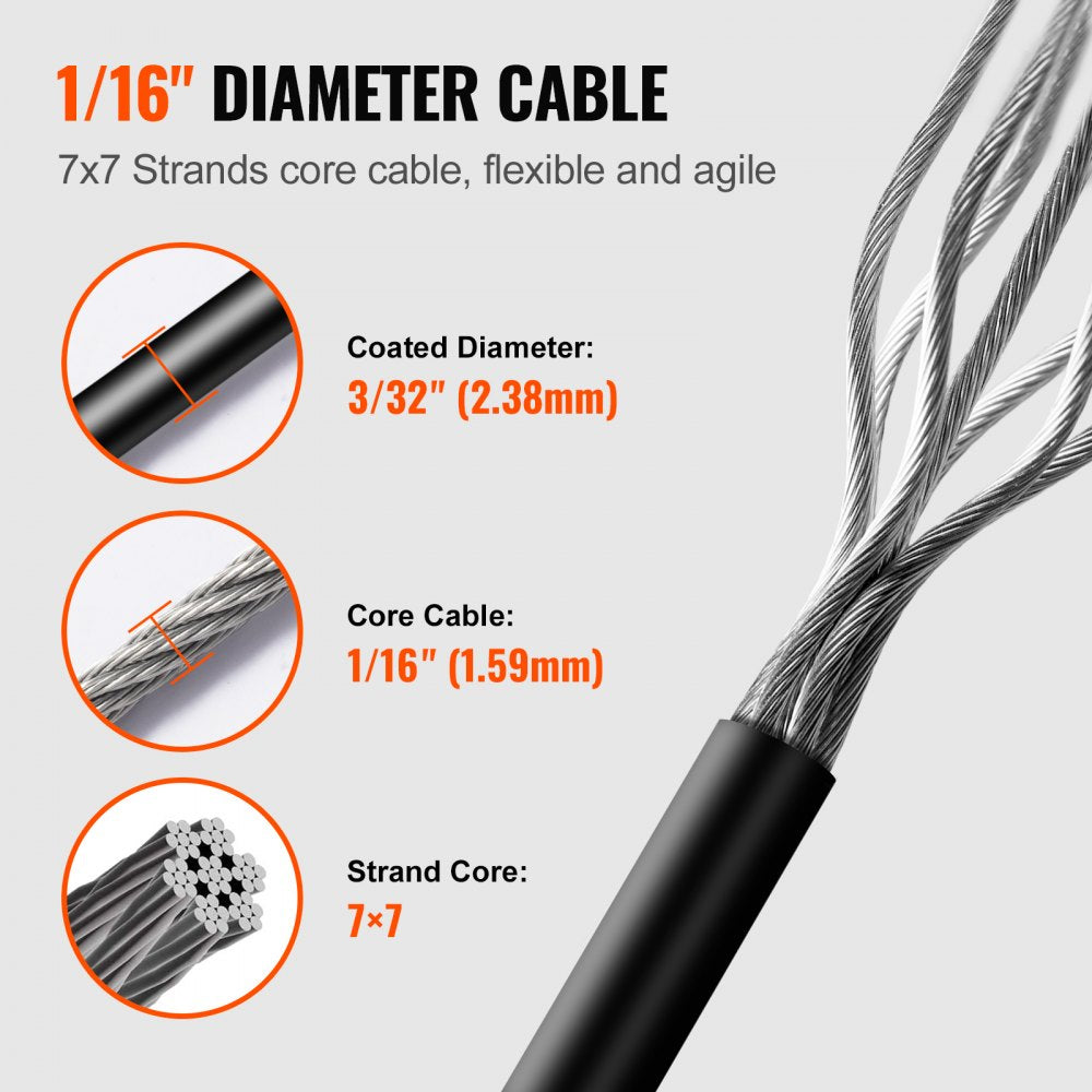 Vinyl Coated Wire Rope Kit, 3/32 Cable Through 1/16 Diameter Stainless Steel, 7x7 Strands Construction with 189 Accessories for String Lights, Clothesline, Vine, 164 ft Black