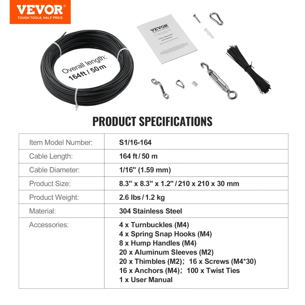 Vinyl Coated Wire Rope Kit, 3/32 Cable Through 1/16 Diameter Stainless Steel, 7x7 Strands Construction with 189 Accessories for String Lights, Clothesline, Vine, 164 ft Black
