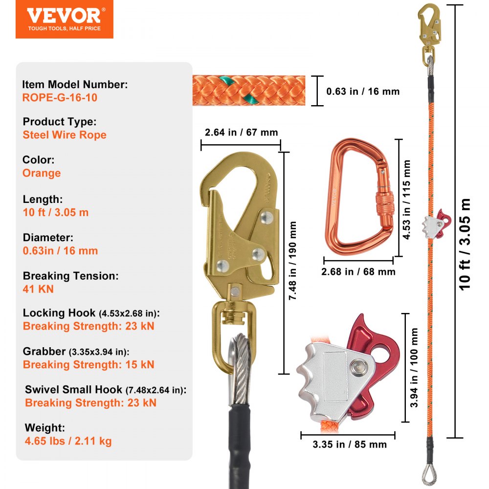 16mm Steel Core Flipline, 10ft(3m) Arborist Flipline for Tree Climbing with Alloy Steel Snap Hook & Aluminum Alloy Carabiner, 31KN Breaking Tension for Fall Protection, Tree Climber
