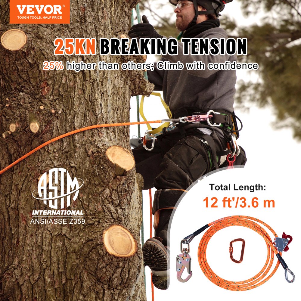 Bostome 12ft steel core flipline with snap hook, rope grab, and tool lanyard for tree climbing.