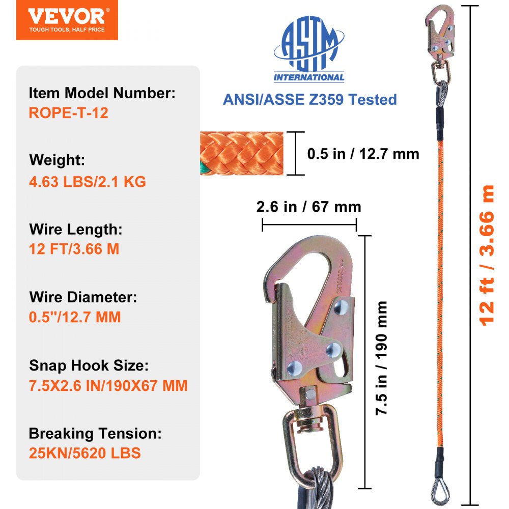 Bostome 12ft steel core flipline with snap hook and rope grab for tree climbing safety.