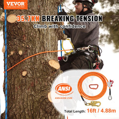 Bostome 16ft tree climbing lanyard with steel core rope and integrated tool lanyard for safety.