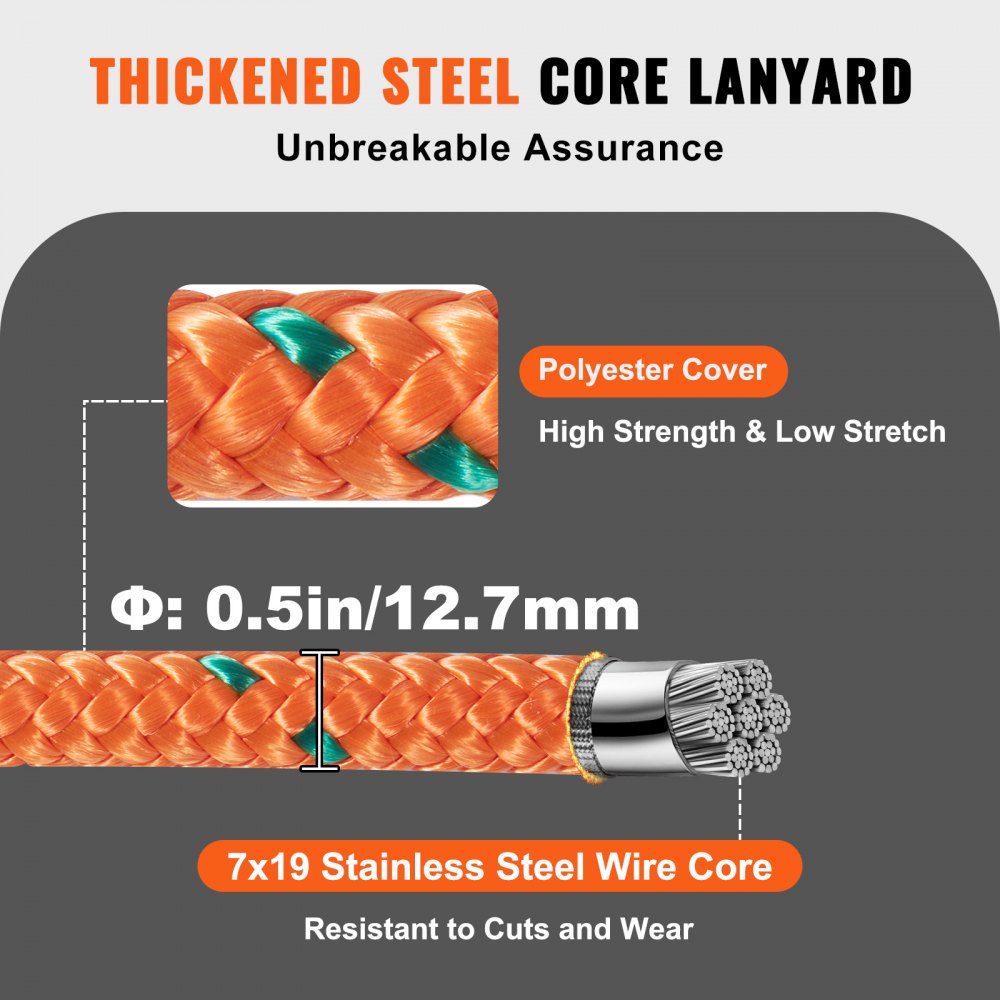 12.7mm Steel Core Flipline, 16ft(4.8m) Arborist Flipline for Tree Climbing with Alloy Steel Snap Hook & Aluminum Alloy Carabiner, 34KN Breaking Tension for Fall Protection, Tree Climber