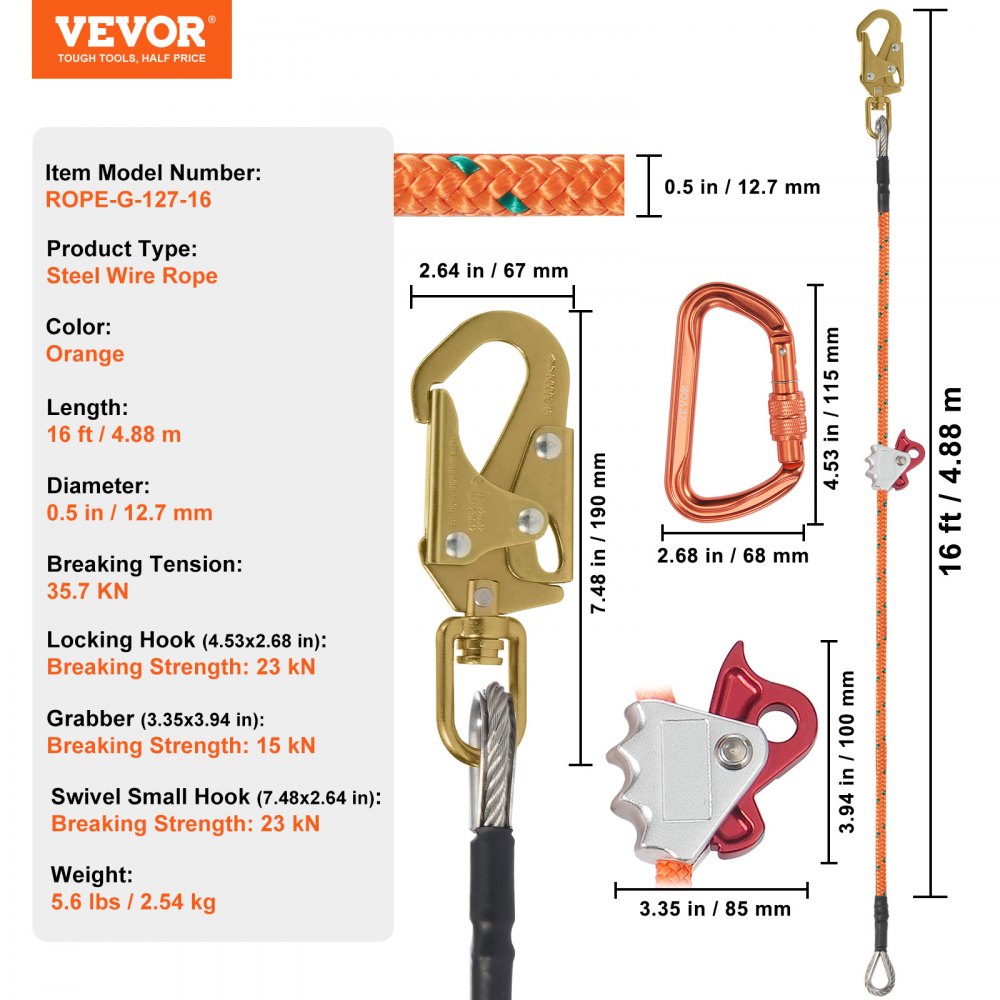 12.7mm Steel Core Flipline, 16ft(4.8m) Arborist Flipline for Tree Climbing with Alloy Steel Snap Hook & Aluminum Alloy Carabiner, 34KN Breaking Tension for Fall Protection, Tree Climber