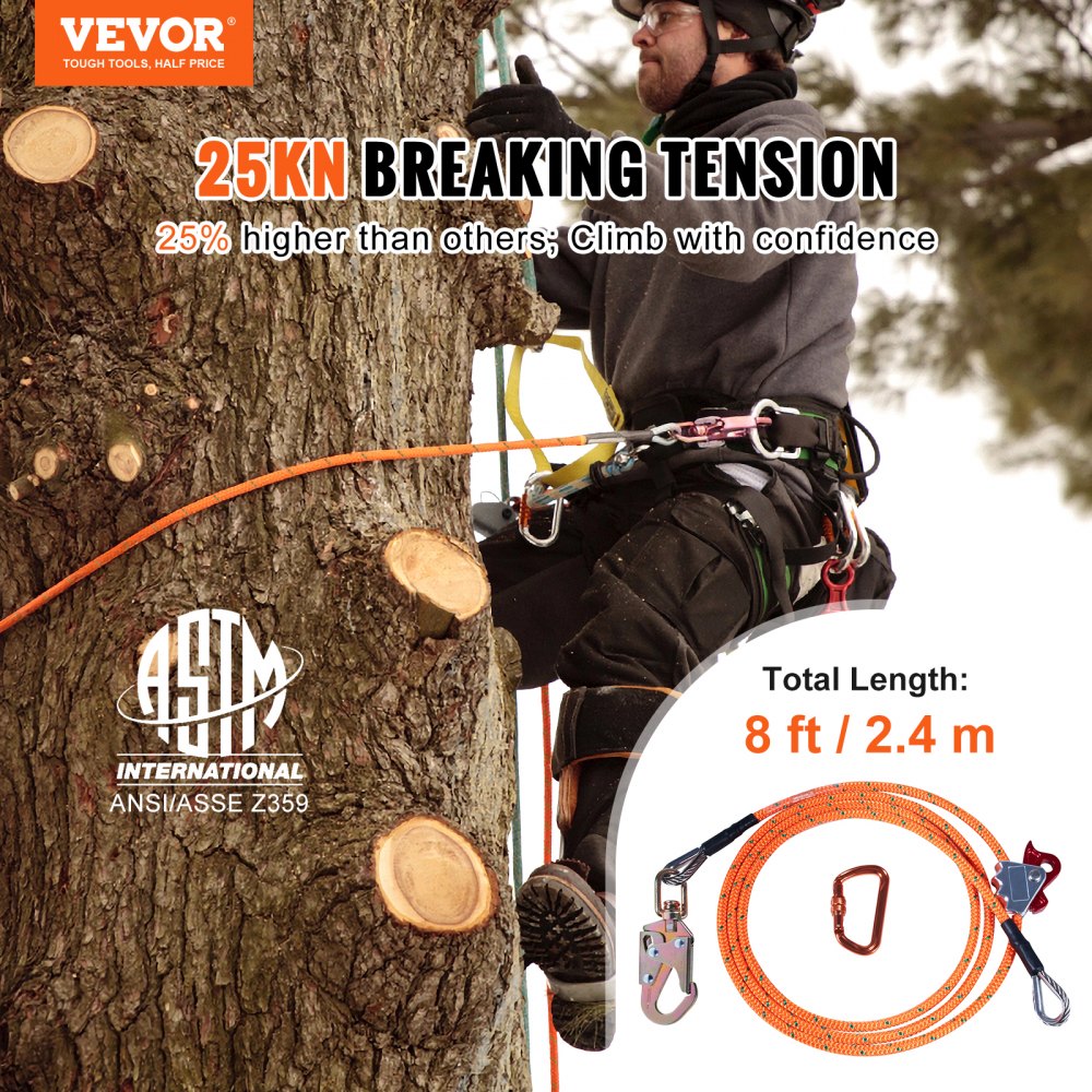 Bostome 8ft steel core flipline with 1/2" diameter rope and steel snap hook for tree climbing.