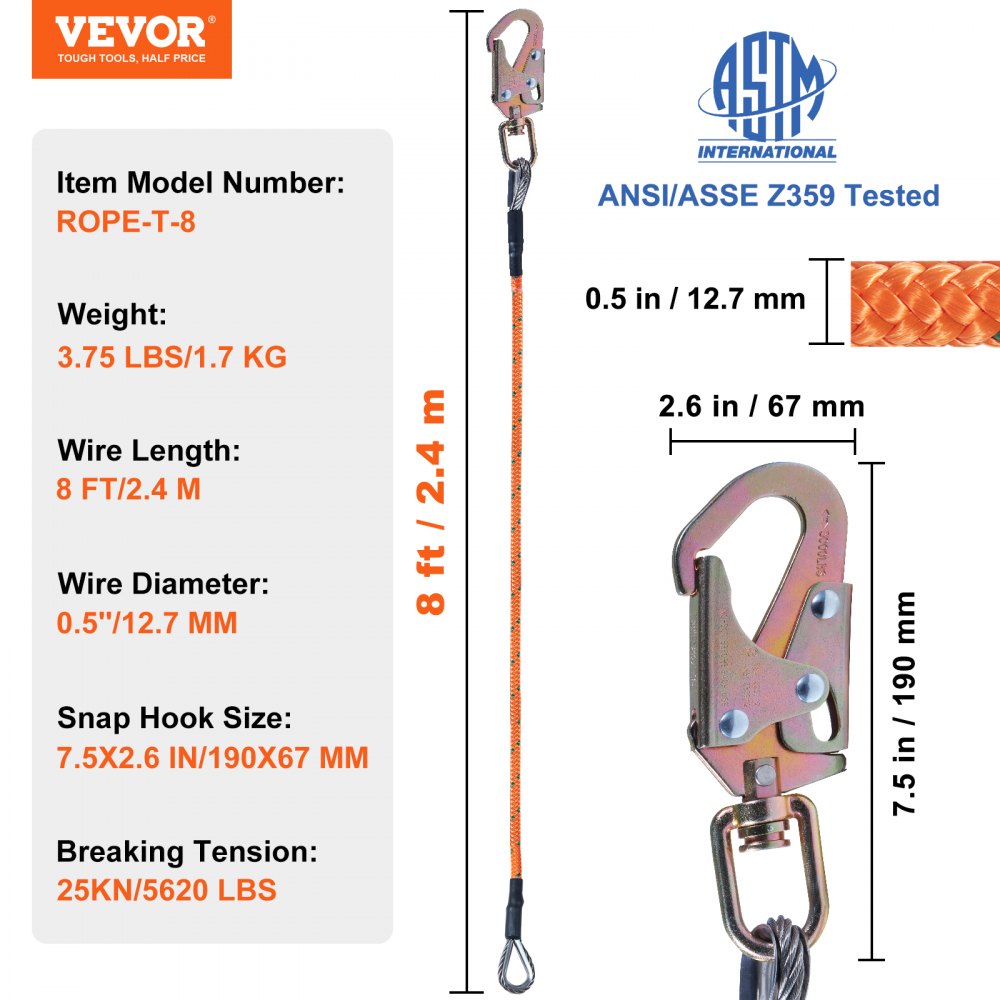 Bostome 8ft steel core flipline with 1/2" diameter rope and steel snap hook for tree climbing.