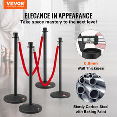 Stanchion Posts with Velvet Ropes, 6-Pack Crowd Control Stanchion with 6PCS 5FT Red Velvet Ropes, Carbon Steel Baking Painted Queue Barrier Line Divider & Fillable Plastic Base for Wedding Party