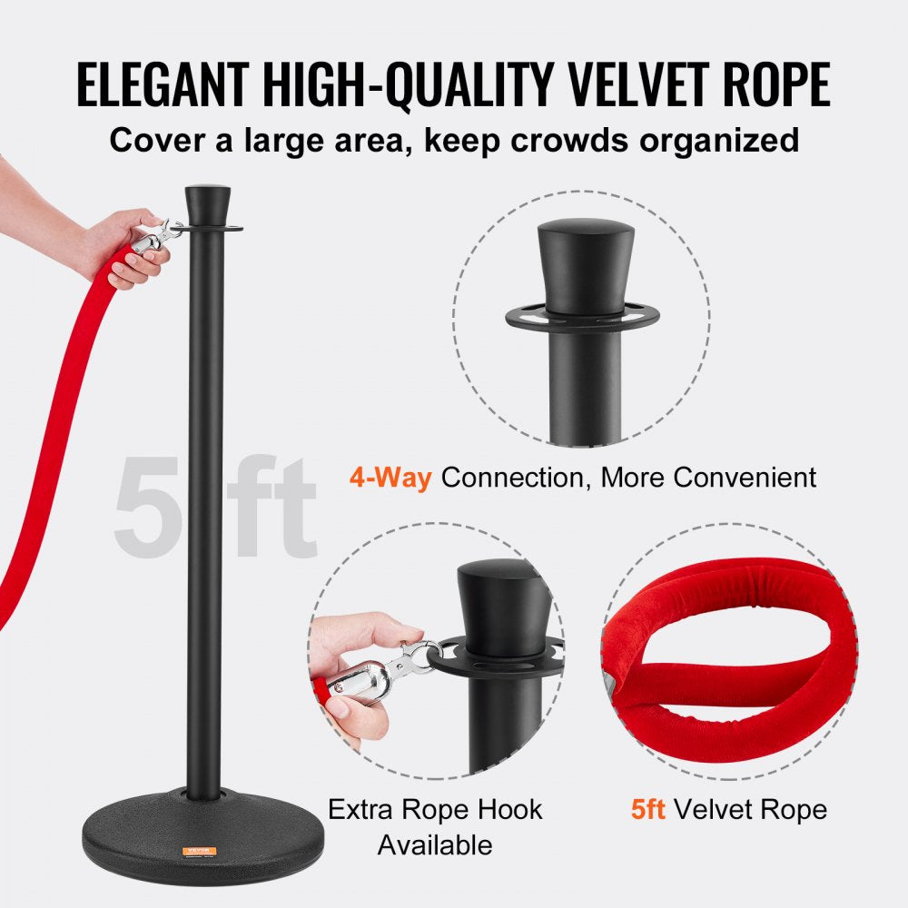 Stanchion Posts with Velvet Ropes, 6-Pack Crowd Control Stanchion with 6PCS 5FT Red Velvet Ropes, Carbon Steel Baking Painted Queue Barrier Line Divider & Fillable Plastic Base for Wedding Party