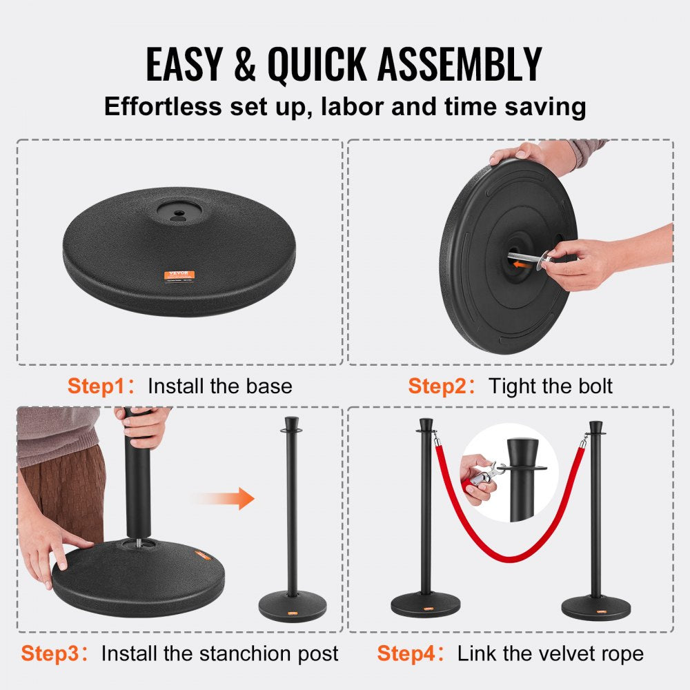 Stanchion Posts with Velvet Ropes, 6-Pack Crowd Control Stanchion with 6PCS 5FT Red Velvet Ropes, Carbon Steel Baking Painted Queue Barrier Line Divider & Fillable Plastic Base for Wedding Party