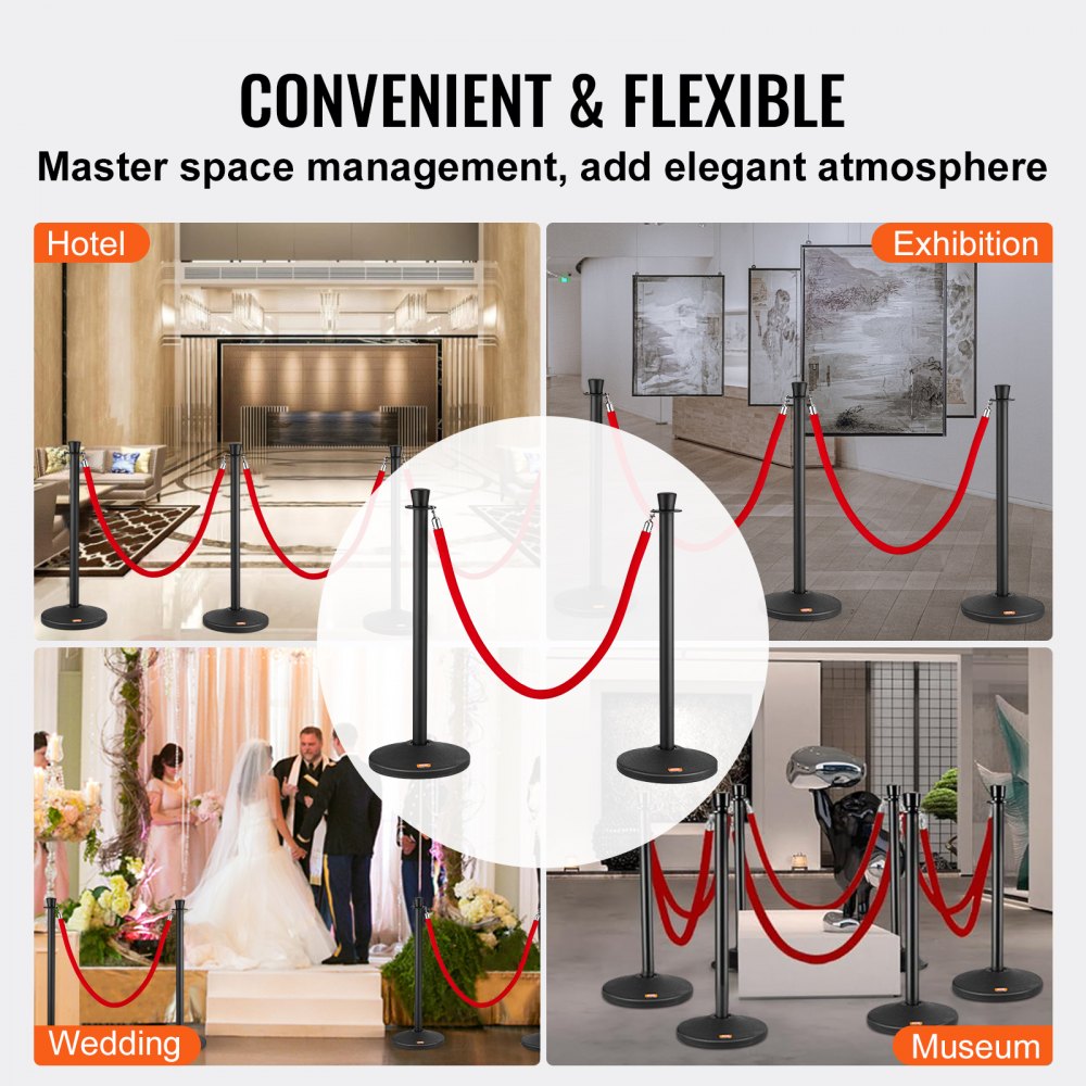 Stanchion Posts with Velvet Ropes, 6-Pack Crowd Control Stanchion with 6PCS 5FT Red Velvet Ropes, Carbon Steel Baking Painted Queue Barrier Line Divider & Fillable Plastic Base for Wedding Party