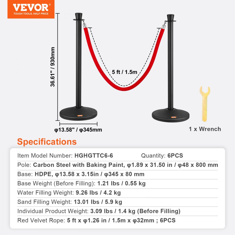 Stanchion Posts with Velvet Ropes, 6-Pack Crowd Control Stanchion with 6PCS 5FT Red Velvet Ropes, Carbon Steel Baking Painted Queue Barrier Line Divider & Fillable Plastic Base for Wedding Party