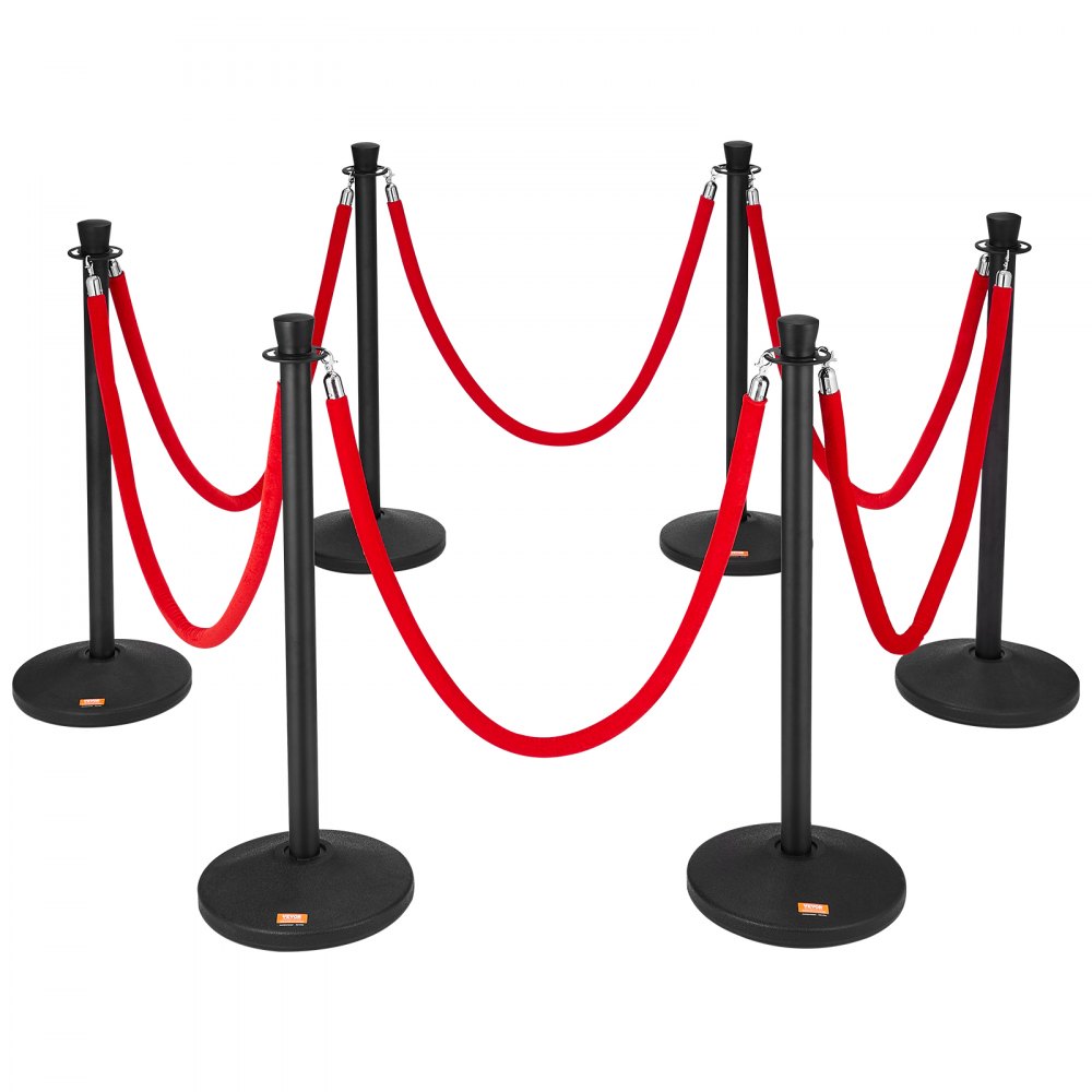 Stanchion Posts with Velvet Ropes, 6-Pack Crowd Control Stanchion with 6PCS 5FT Red Velvet Ropes, Carbon Steel Baking Painted Queue Barrier Line Divider & Fillable Plastic Base for Wedding Party