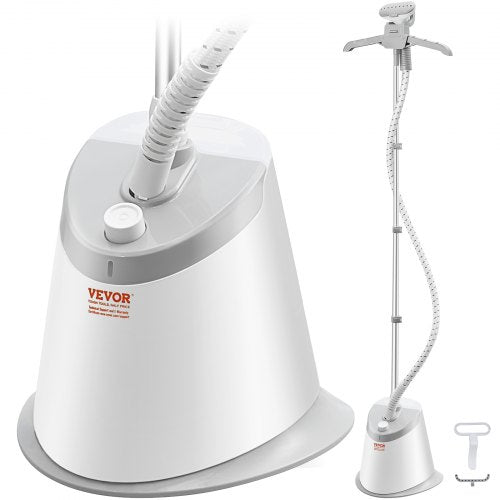 White Bostome standing garment steamer with tall pole, hose, hanger, and base.
