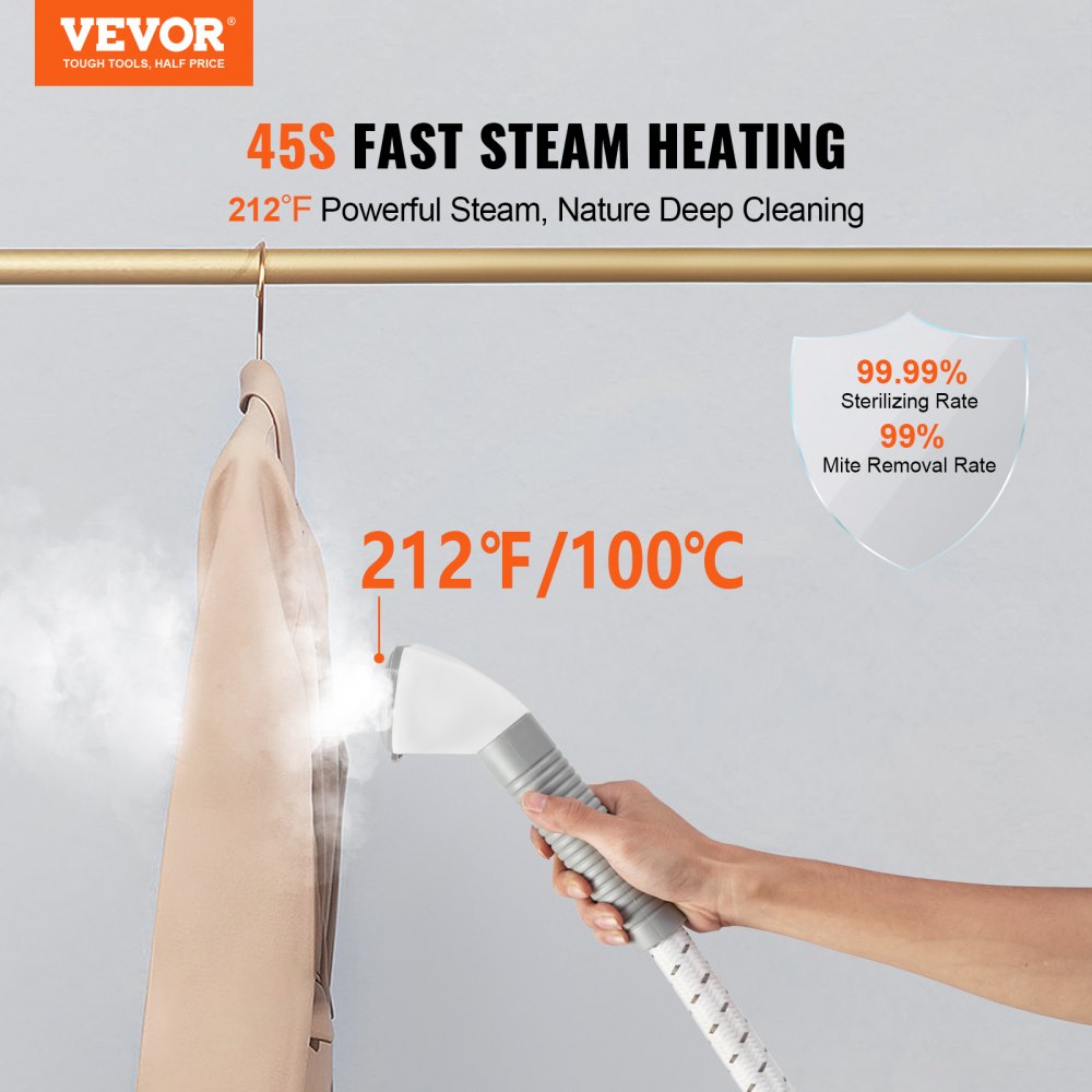 A white Bostome standing garment steamer with a 0.5 gallon tank steams a hanging beige shirt.