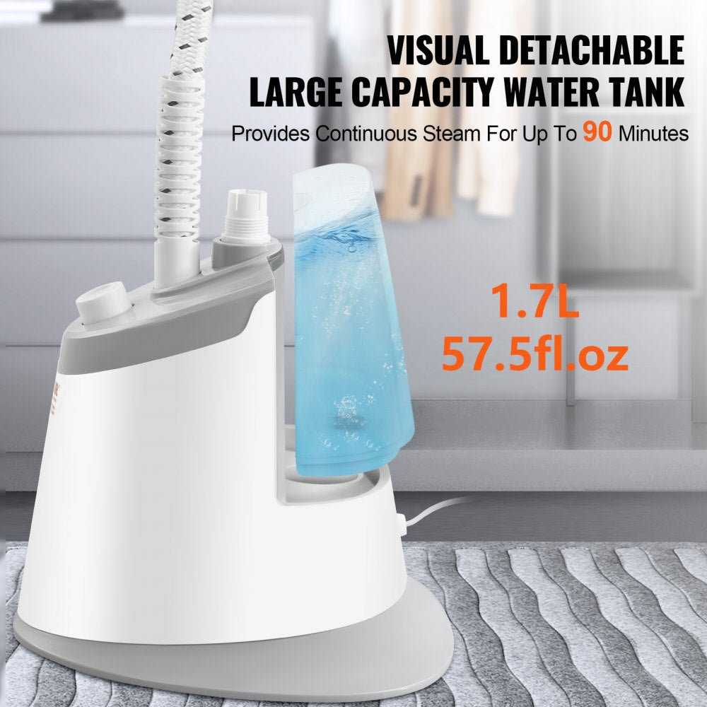 White standing garment steamer with 1.7L water tank and steam hose.