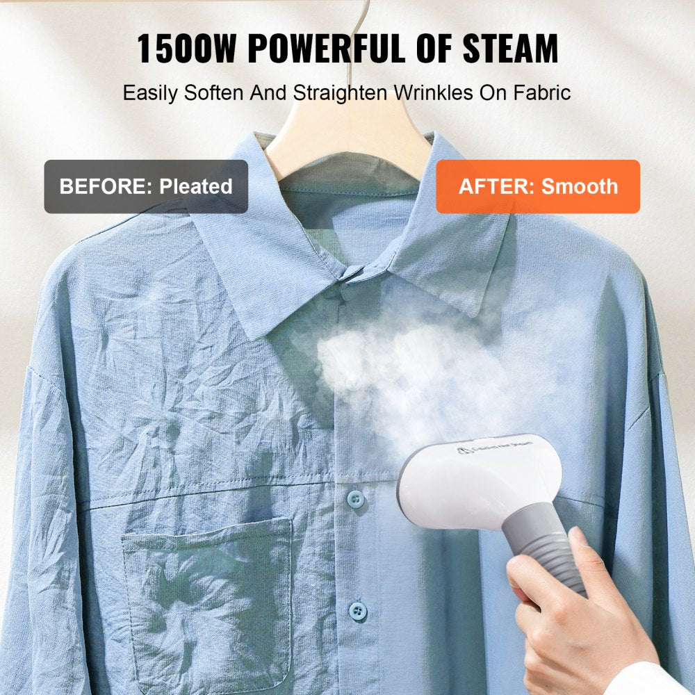 A hand-held white garment steamer removing wrinkles from a blue shirt on a hanger.