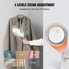 Standing garment steamer with 4 steam levels, steaming a coat on a hanger, suitable for fabrics like wool and cotton.
