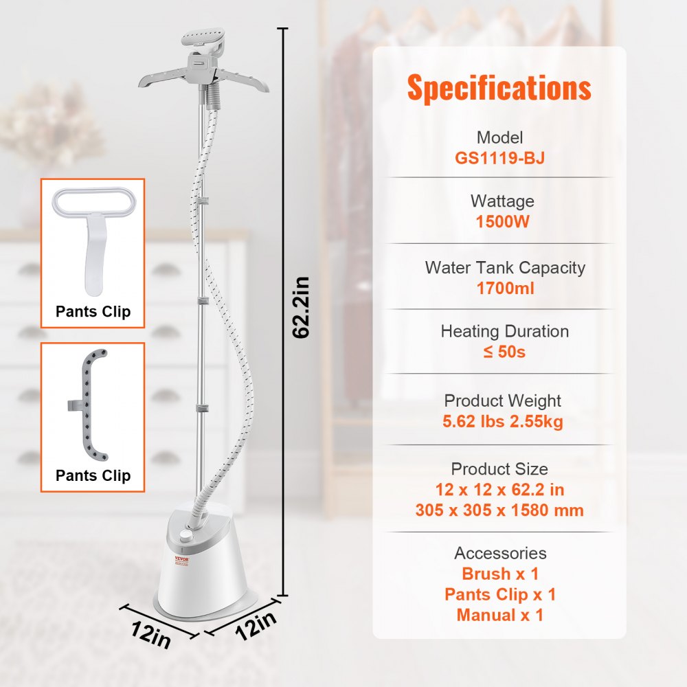 Standing garment steamer with 0.5 gallon tank, 90-minute steam, and accessories.