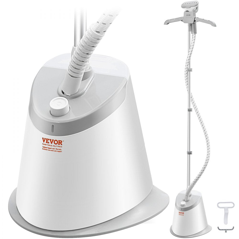 White standing garment steamer with 0.5 gallon tank, hose, and hanger.