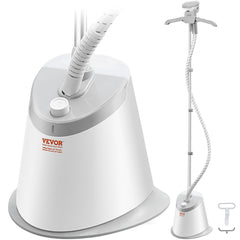 White standing garment steamer with 0.5 gallon tank, hose, and hanger.