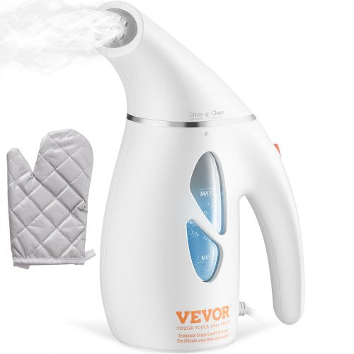 White Bostome handheld fabric steamer with 240ml tank, steaming, and gray glove.